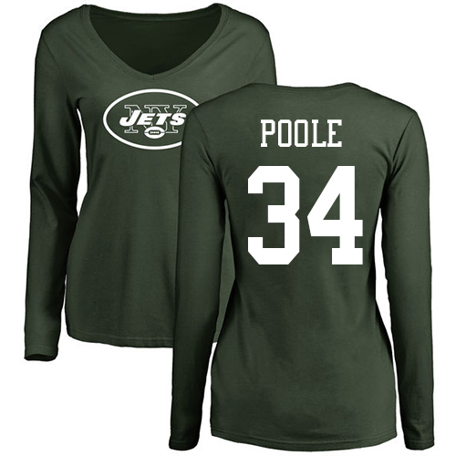 New York Jets Green Women Brian Poole Name and Number Logo NFL Football #34 Long Sleeve T Shirt